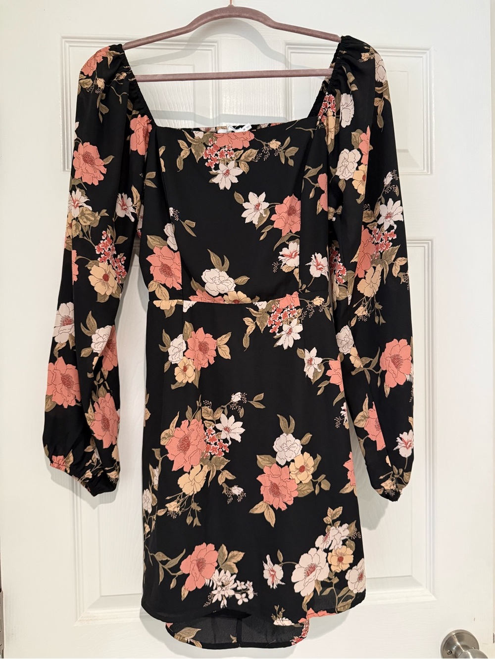 Black Floral Square-Neck, Off Shoulder Long Sleeve Dress
